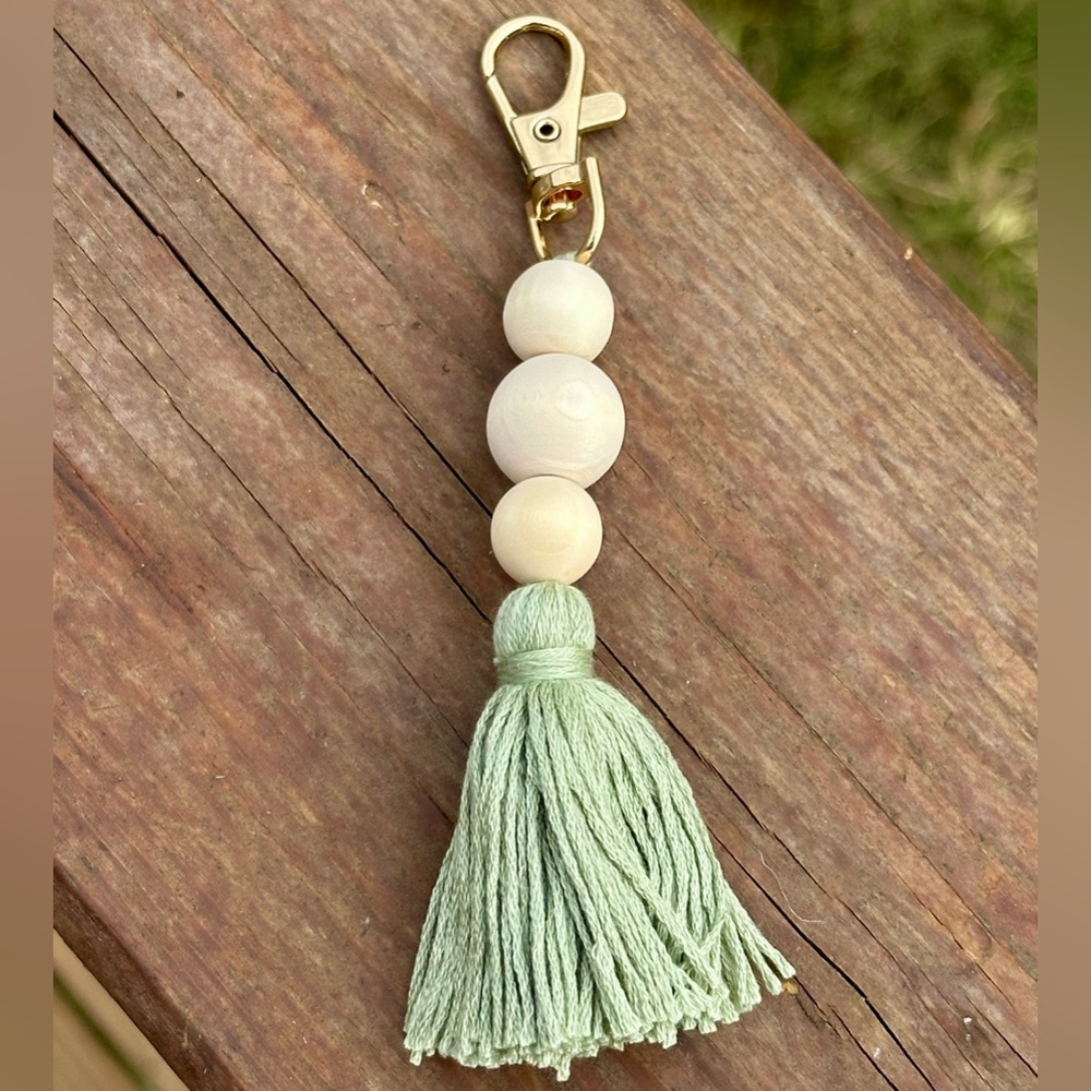 NEW Boho Beaded Tassel Bag Charm - Sage Green